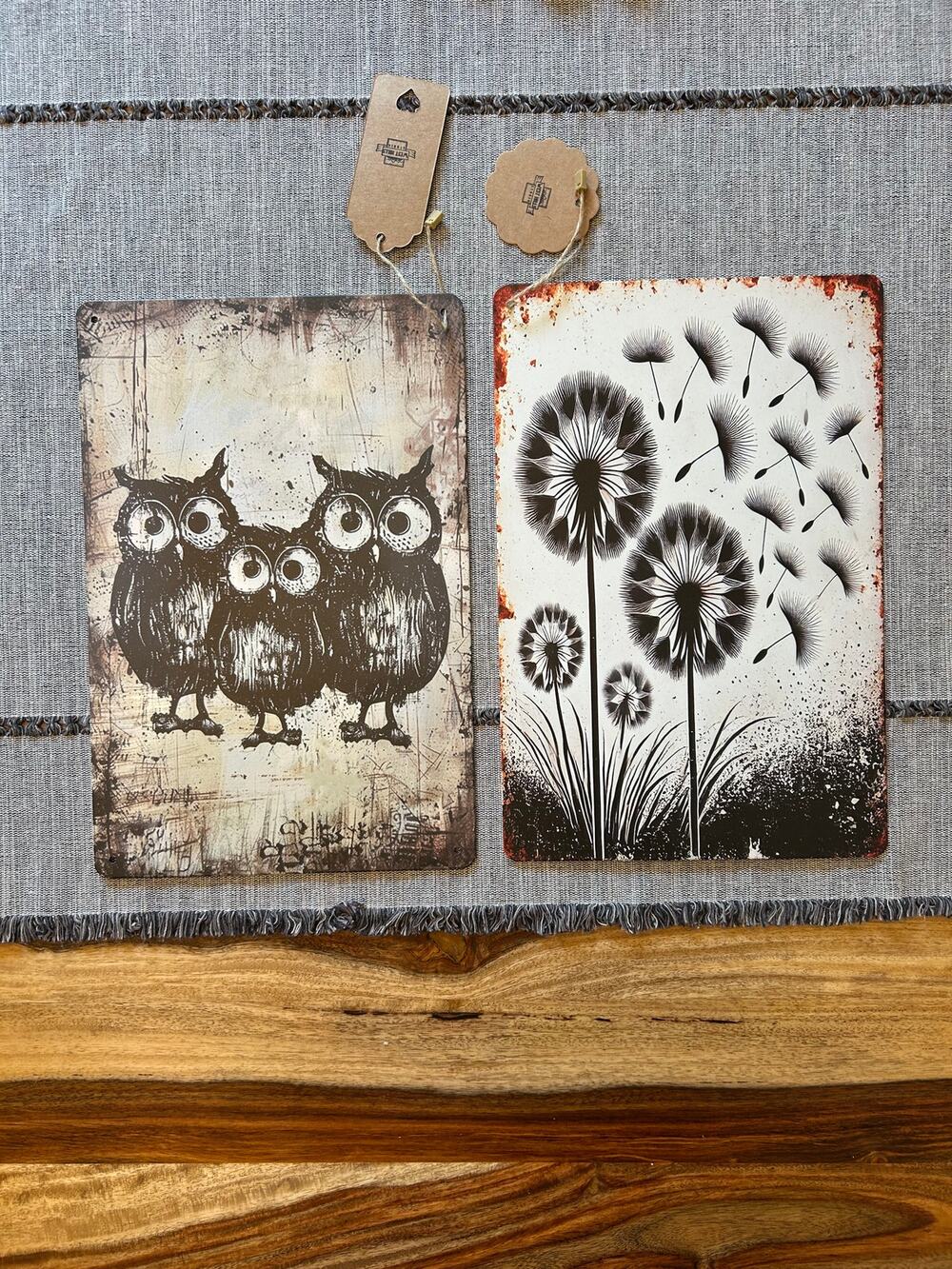 Set of 2 Metal Signs Home Decor Owls Dandelions Barn Owls Gift Idea FAST SHIP